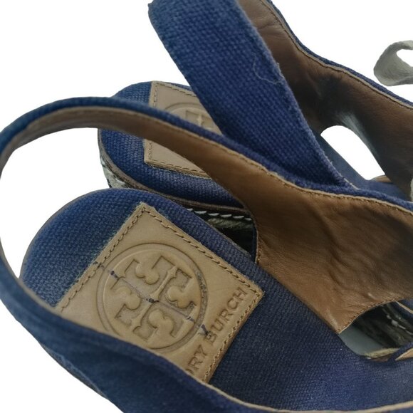 Tory Burch Wedge Espadrille Linley Platform Sandals Size 6.5-7? Peep Toe Blue - Picture 12 of 15